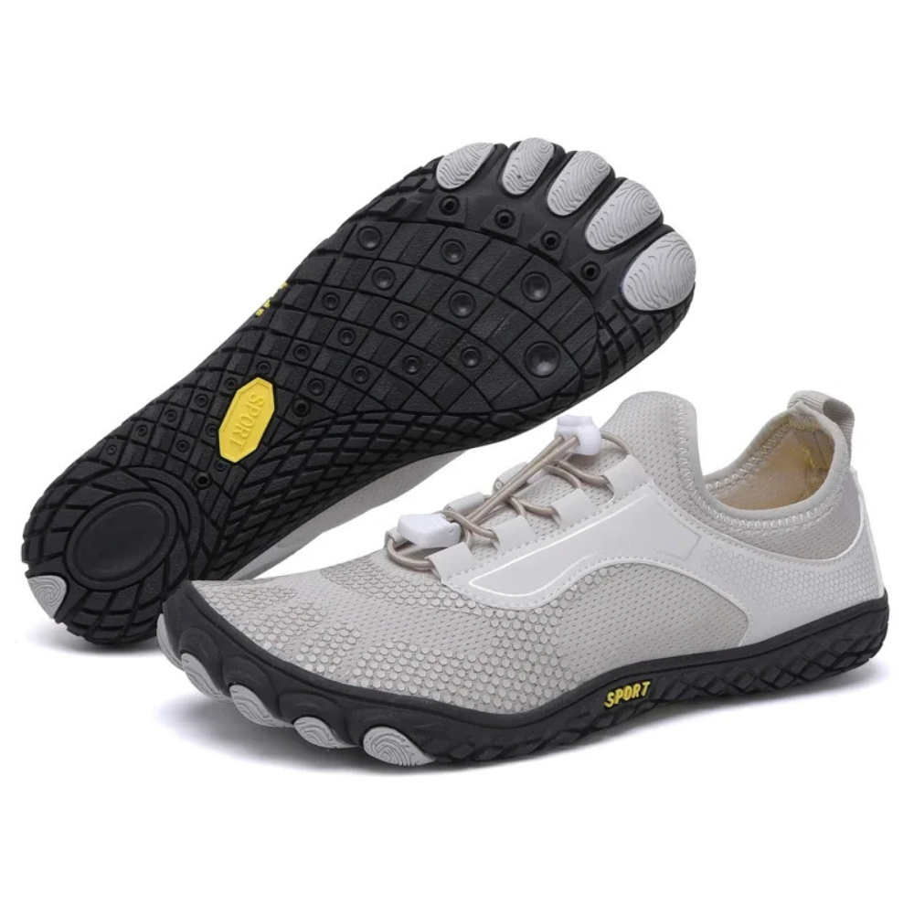 Graue Barfußschuhe, rutschfeste Sohle, atmungsaktives Mesh, minimalistisches Design.