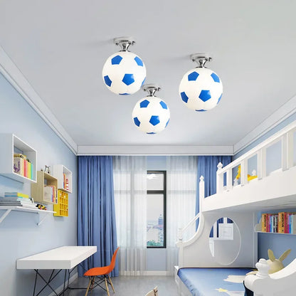 Deckenleuchte Kinderzimmer Fußball-Design, blau-weiß, LED, modern, Glas, runde Form.