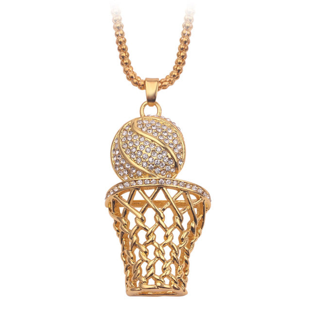 Goldene Basketballkette mit Strasssteinen, modisches Schmuckstück, Sportanhänger.
