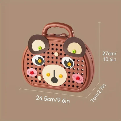 Brauner Bärenkoffer für Kinder, 24,5x27x7cm, Spielzeugaufbewahrung, Kunststoff, tragbar