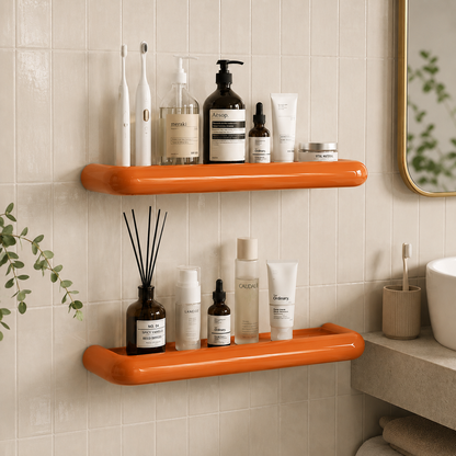 Två orangea hyllor på beige kakelvägg, fyllda med tandborstar, flaskor och krämer 1