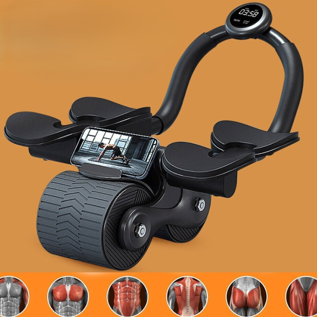 Schwarzer Bauchmuskeltrainer mit digitalem Display und Handyhalterung auf orangefarbenem Hintergrund.