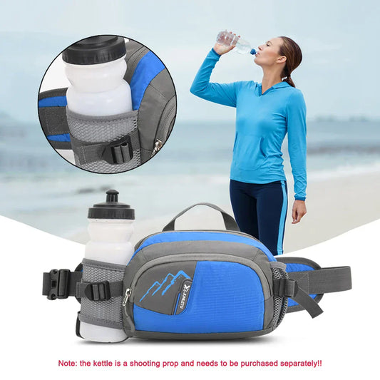 Damen-Laufgürtel mit Flaschenhalter, blau-grau, ideal für Outdoor-Sport und Fitness.