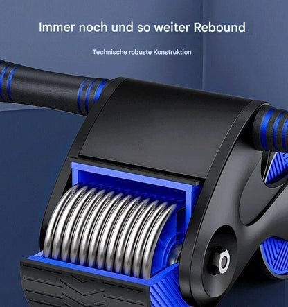 Schwarzes Ab-Roller-Rad mit blauen Akzenten, robuste Konstruktion, Fitnessgerät für Bauchtraining.