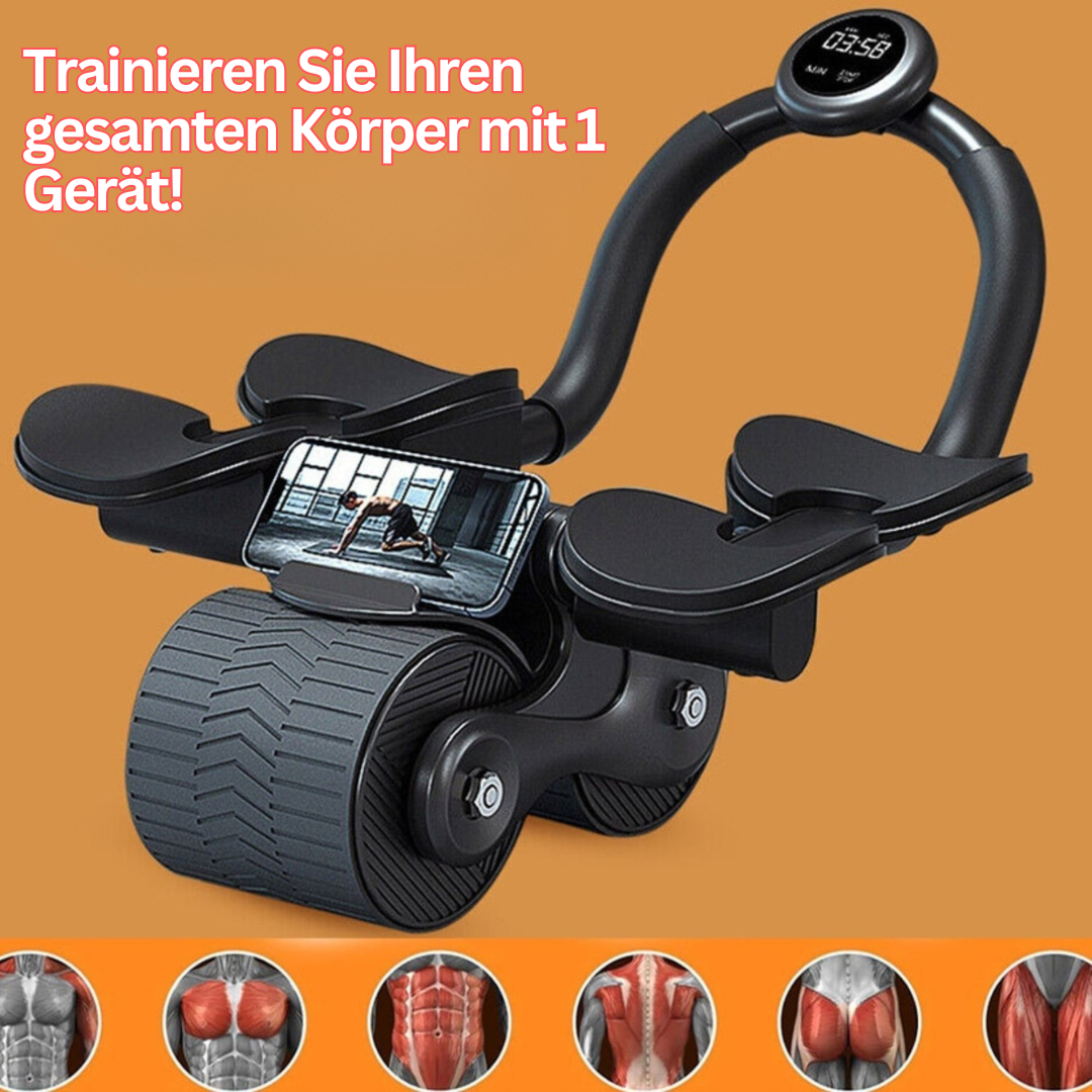 Schwarzer Bauchmuskeltrainer mit Display und Smartphone-Halterung, Fitnessgerät für Heimtraining.