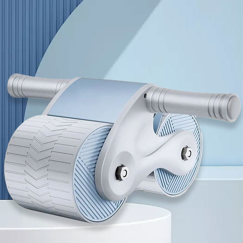 Ab Roller Bauchtrainer, grau-blau, Fitnessgerät für effektives Core-Training, rutschfeste Griffe.