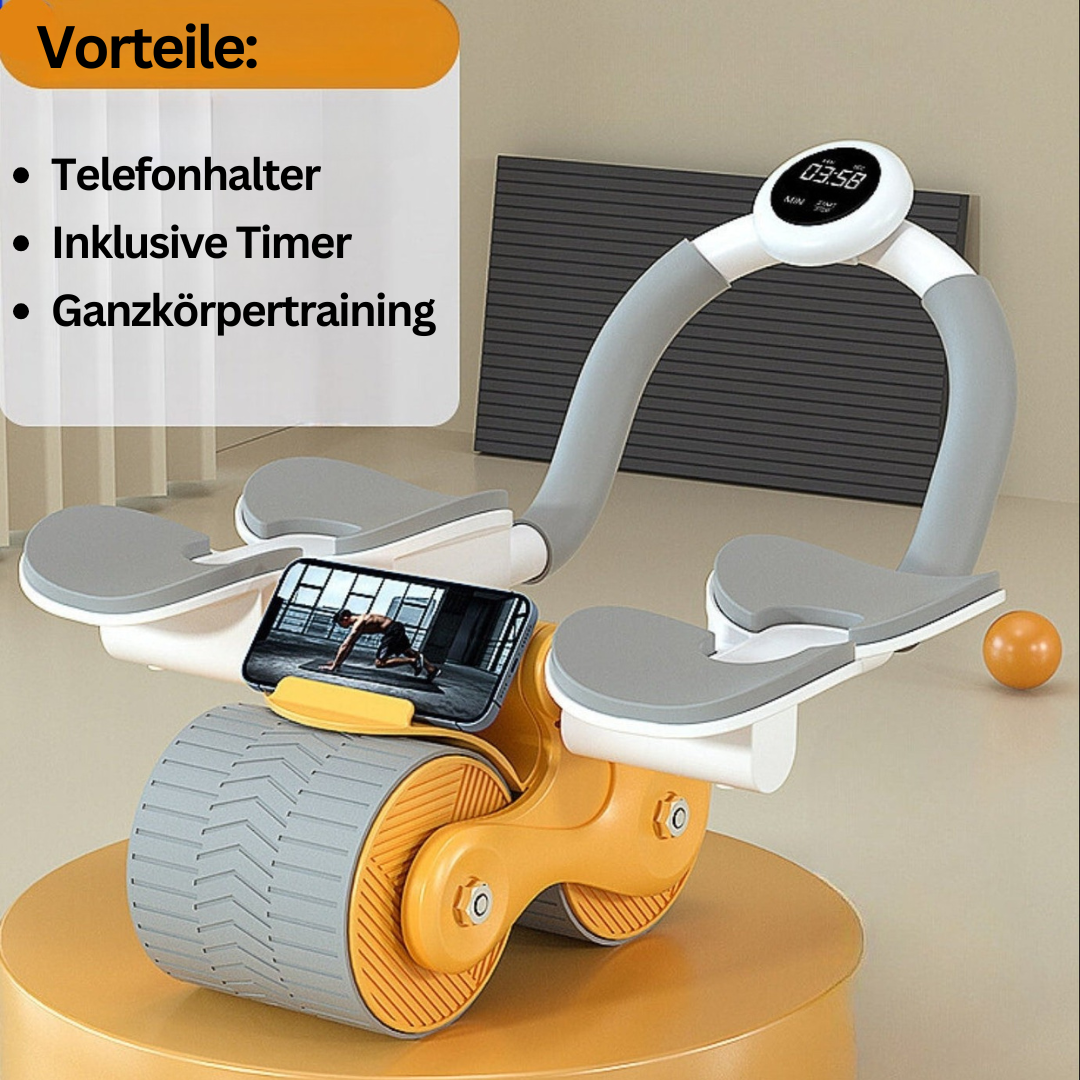 Gelber Bauchtrainer mit Telefonhalter, Timer, für effektives Ganzkörpertraining.