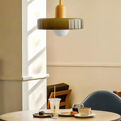 Bauhaus Pendelleuchte Glas, rund, modern, gelb, über Tisch, Innenbeleuchtung, stilvoll.