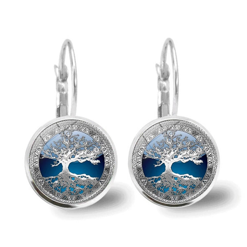 Silberne Lebensbaum-Ohrringe, modisch, rund, blaues Design, Damen-Schmuck.