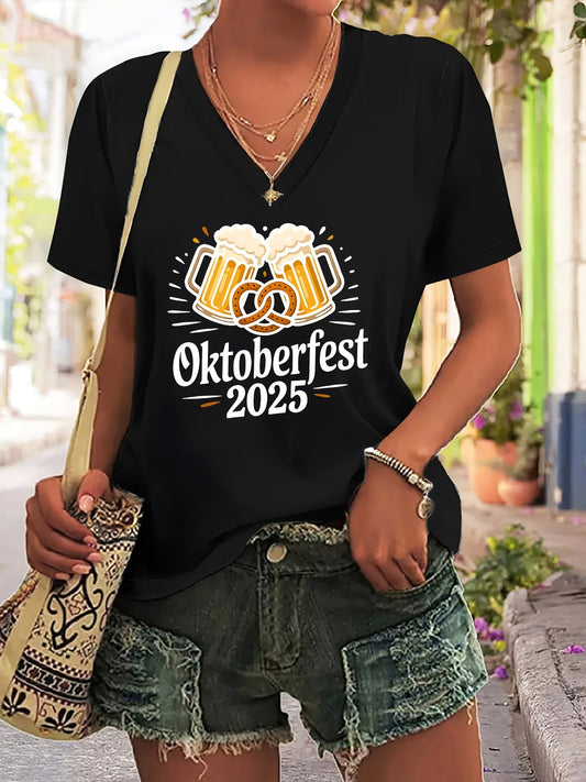 Damernas Plus Size V-ringad T-shirt med grafiktryck – Anneliese Oktoberfest 2026
