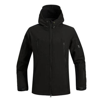 Schwarze Softshell-Jacke mit Kapuze, wasserdicht, winddicht, Outdoor-Bekleidung für Herren.