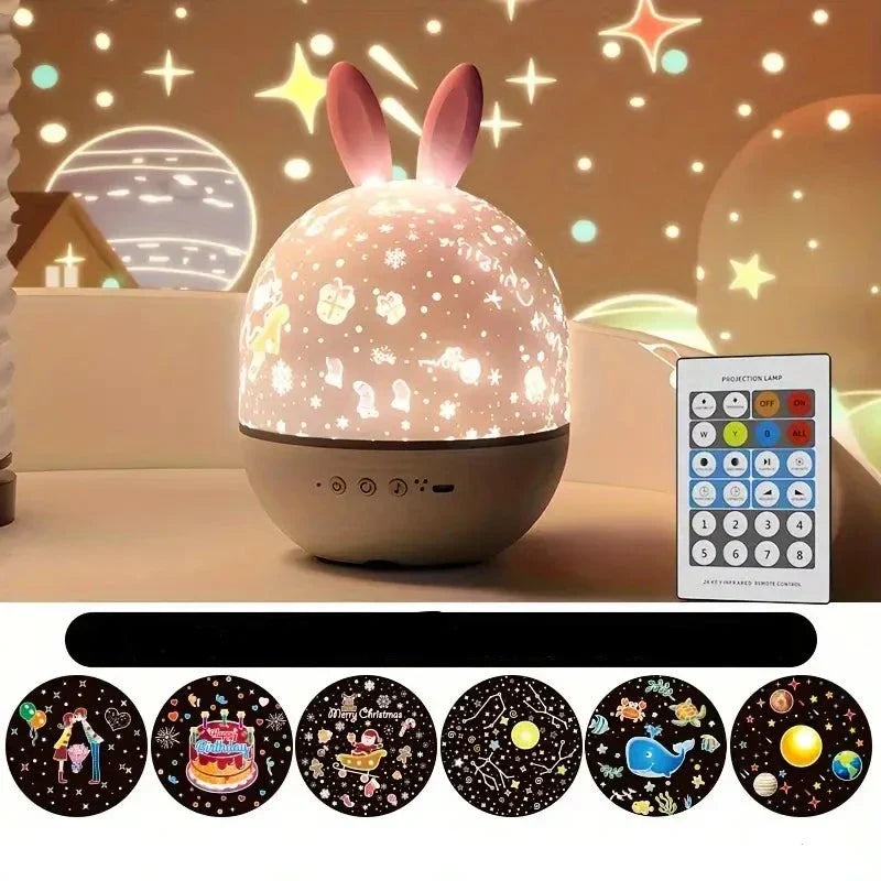 Projektorlampe mit Hasenohren, Sternenhimmel-Projektion, Fernbedienung, Nachtlicht für Kinder.