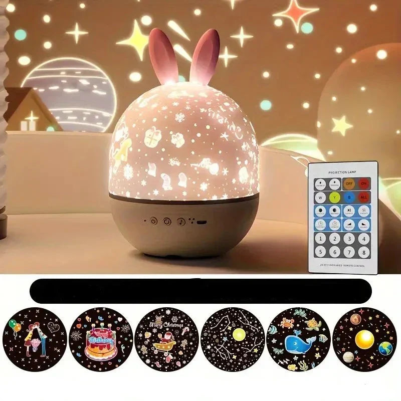 Nachtlicht Projektor mit Fernbedienung, Sternenhimmel, Kinderzimmer, LED, Hasenohren, beige.