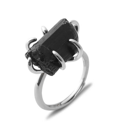 Silberring mit rohem schwarzem Turmalin, elegantes Design, handgefertigter Schmuck.