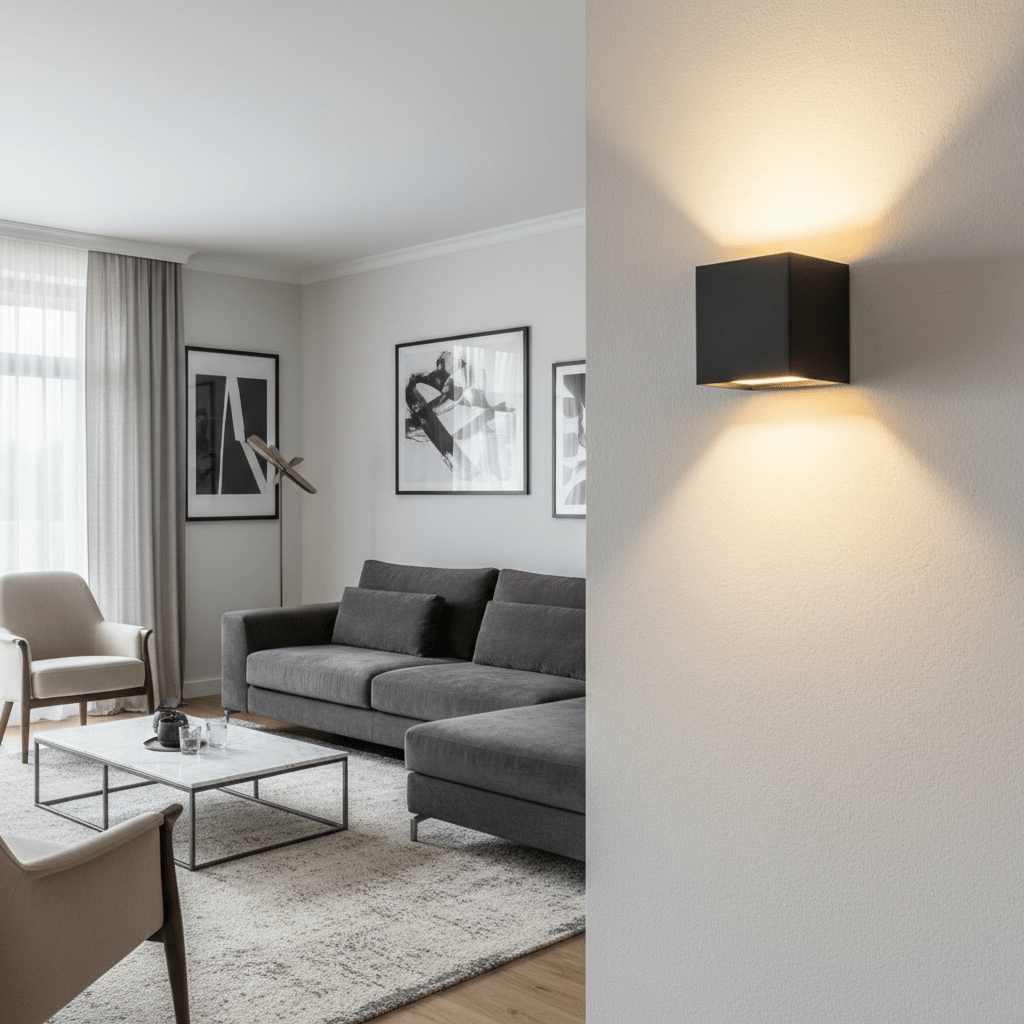 Svart kubformad vägglampa på en strukturerad vägg, med varmt ljus uppåt och nedåt, och en grå soffgrupp i bakgrunden. 2