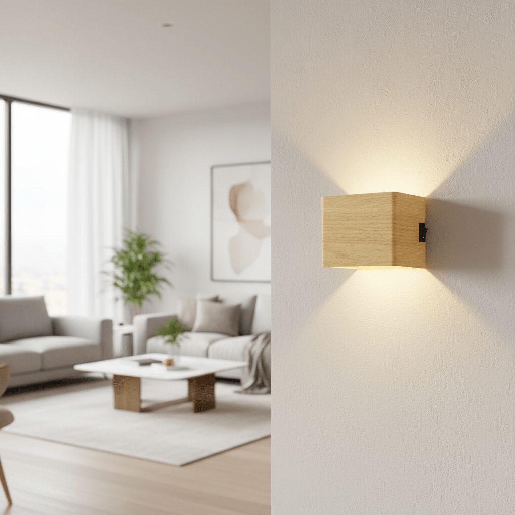 Vägglampa i ljust trämönstrat utförande med liten strömbrytare på sidan, lyser upp och ner i ett ljust vardagsrum. 4