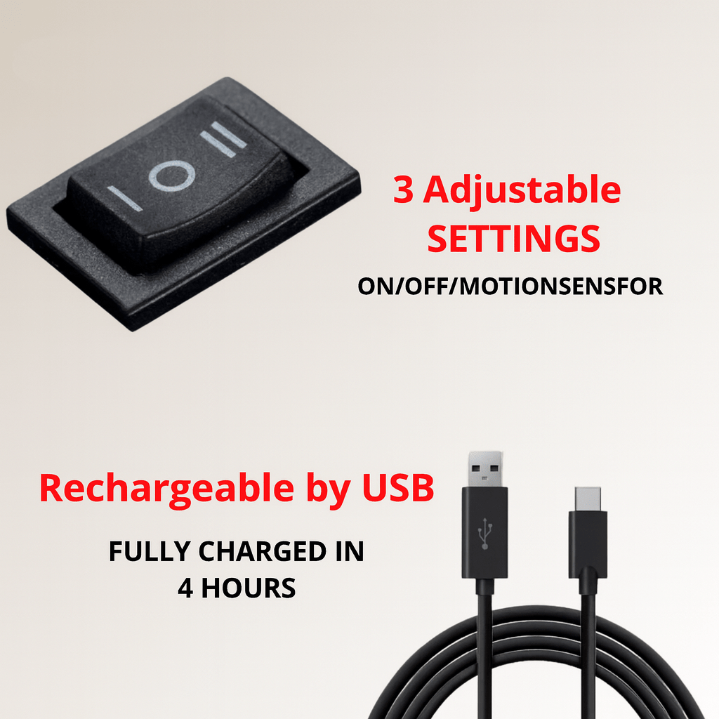 Närbild på svart vippströmbrytare med tre lägen bredvid en svart USB-laddkabel med USB-C-kontakt. 6