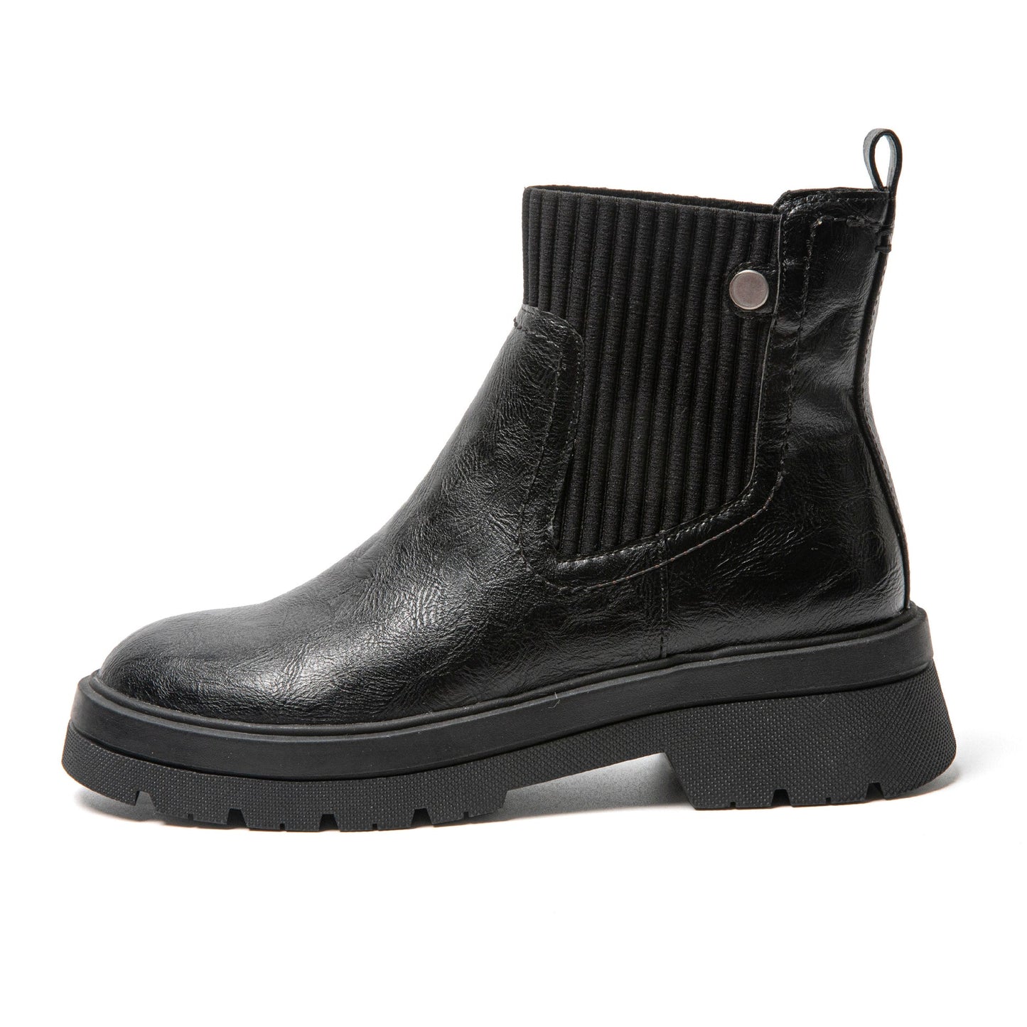 Schwarzer Chelsea-Boot aus Lederimitat mit elastischem Einsatz und robuster Sohle für Damen.
