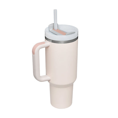 Beiger Thermobecher mit Henkel und Strohhalm, doppelwandig, aus Edelstahl, 1 Liter.