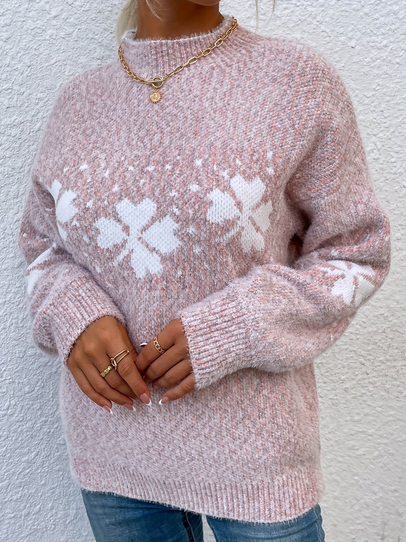 Damen Strickpullover rosa, Blumenmuster, Langarm, Wintermode, gemütlich, modisch, warm.