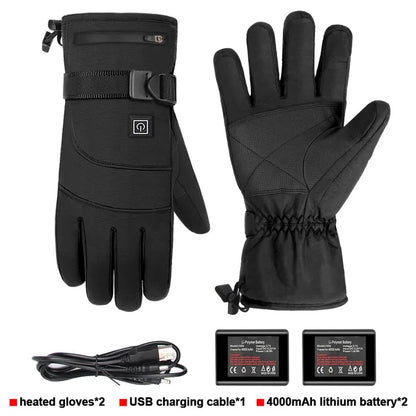Schwarze beheizbare Handschuhe mit USB-Kabel und 4000mAh Lithium-Batterien, Winterausrüstung.