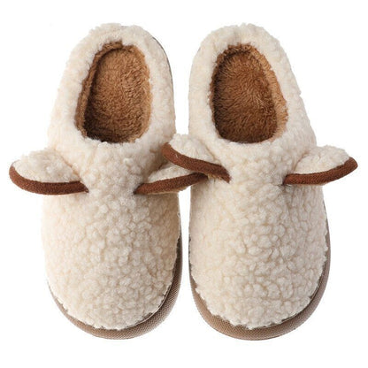 Beige Kinderhausschuhe aus Plüsch, warm, rutschfest, mit Ohren, gemütlich, Wintermode.