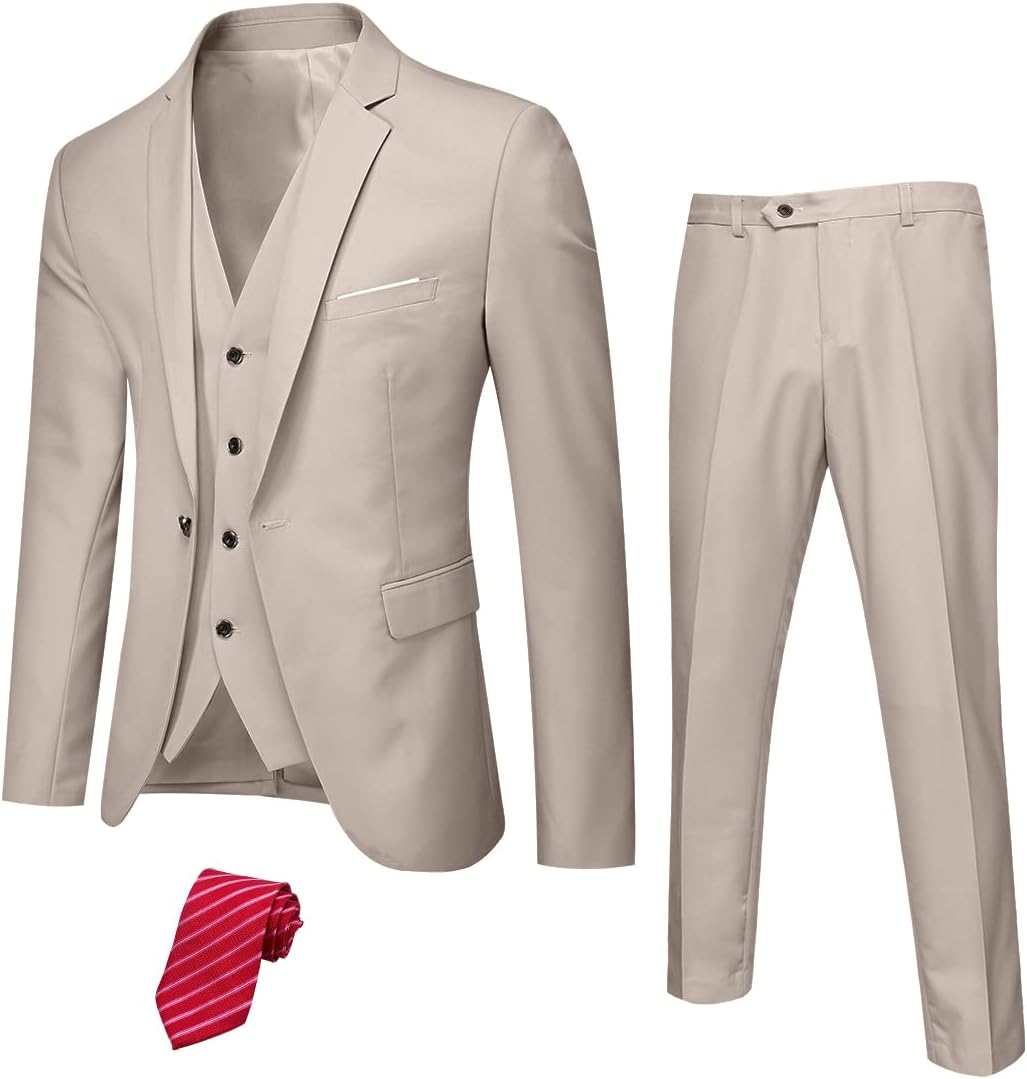 Beiger Herrenanzug mit Weste und roter Krawatte, elegantes Business-Outfit, dreiteiliges Set.