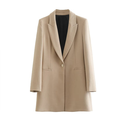 Beiger Damenblazer, einreihig, elegantes Design, ideal für Business- und Freizeitkleidung.