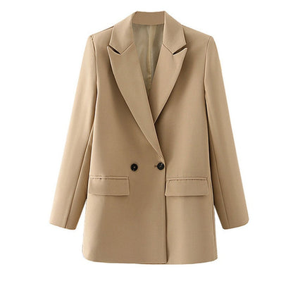 Beiger Damenblazer, zweireihig, elegantes Design, Büro-Mode, hochwertiger Stoff.