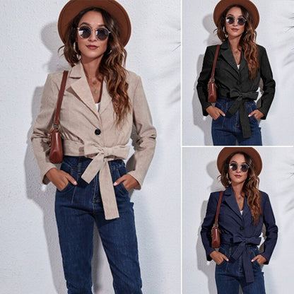 Damenblazer mit Gürtel, beige, schwarz, blau, modisch, elegant, Freizeit, Herbstmode.