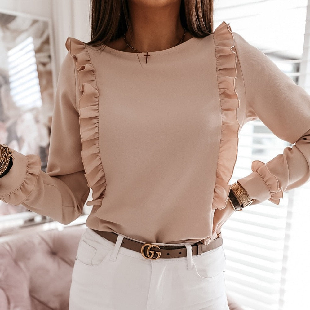 Damen Bluse Beige Rüschen Langarm Elegant Büro Chic Mode Oberteil