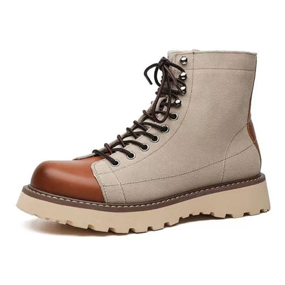 Beiger Lederstiefel mit brauner Kappe, Schnürung, robuster Sohle, modisch, unisex.
