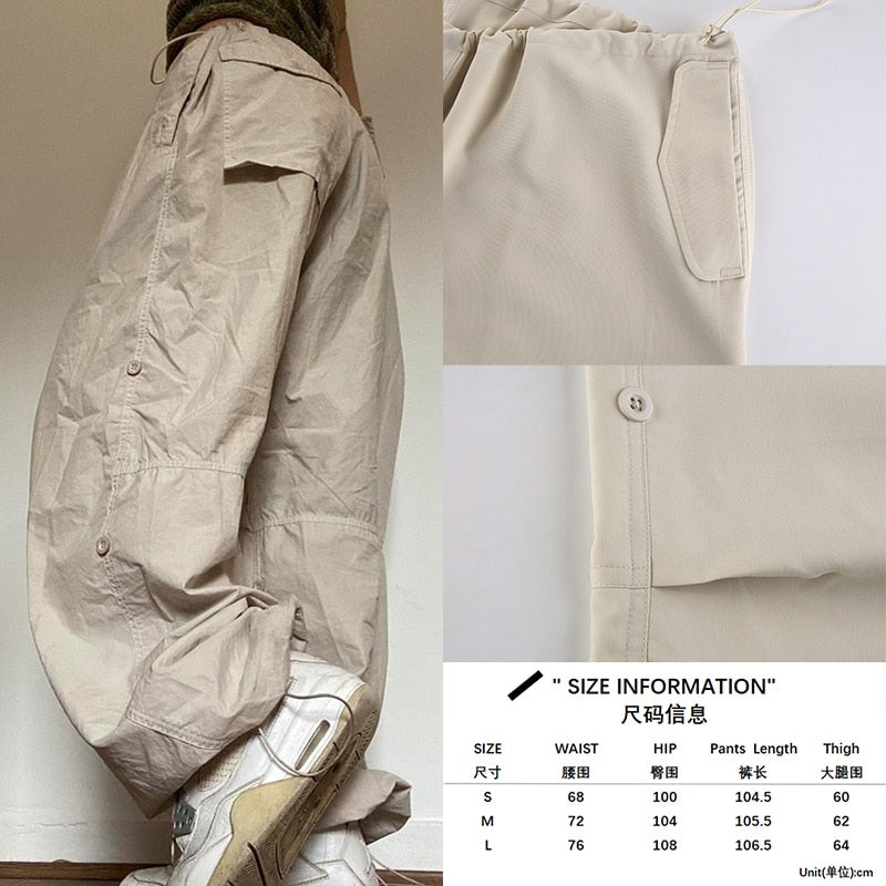 Beige Cargohose, Baumwolle, lässiger Stil, elastischer Bund, Taschen, Unisex-Mode.