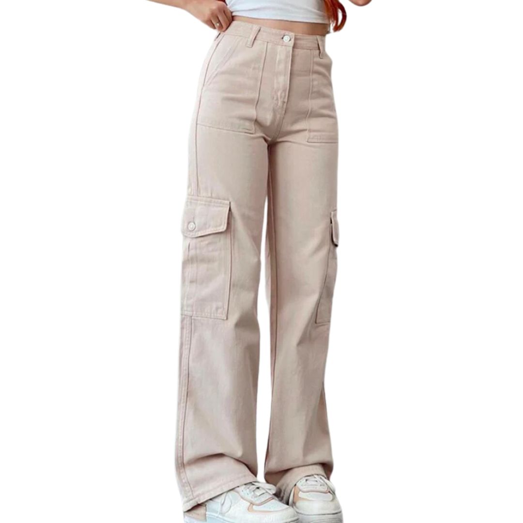 Damen Cargo-Hose beige, weites Bein, Taschen, modisch, Freizeitkleidung, Baumwolle.