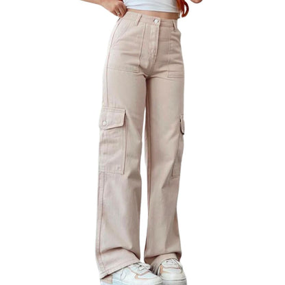 Damen Cargo-Hose beige, weites Bein, Taschen, modisch, Freizeitkleidung, Baumwolle.