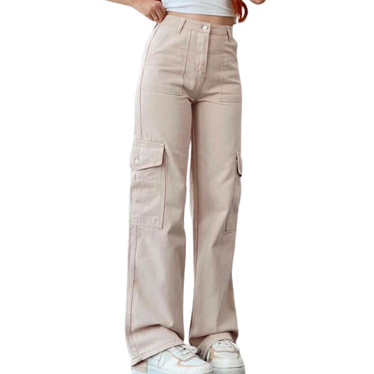 Damen Cargo-Hose beige, weites Bein, Taschen, modisch, Freizeitkleidung, Baumwolle.