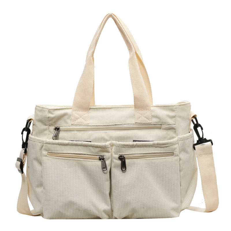 Beige Cord-Tasche mit mehreren Reißverschlusstaschen, verstellbarem Schultergurt, Damenmode.