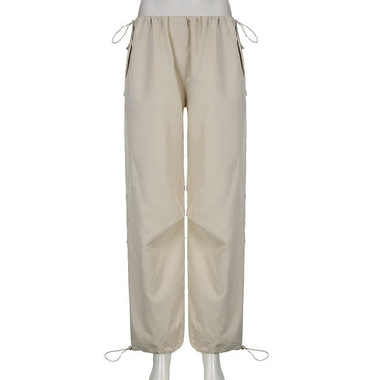Beige Damenhose mit Kordelzug, lässig, Baumwolle, gerade Passform, modisch.