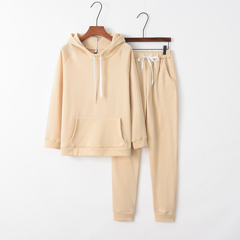 Beiges Damen-Sweatshirt und Jogginghose Set, Kapuzenpullover, Freizeitmode, Baumwolle.