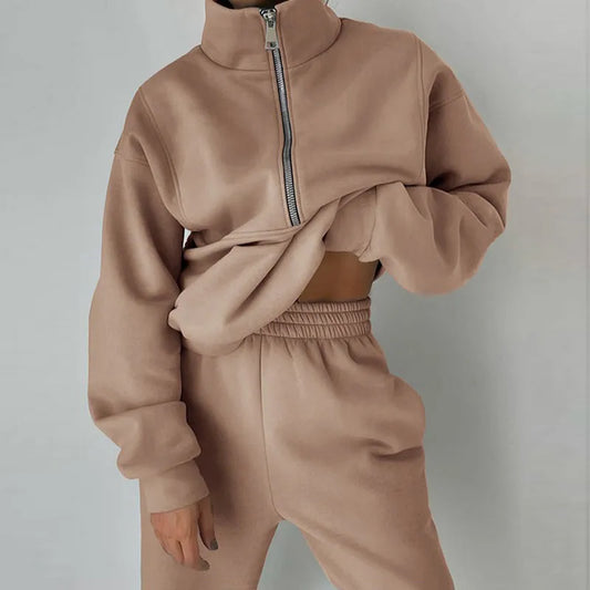 Damen Jogginganzug Beige, Reißverschluss, Langarm, Freizeitmode, Bequem, Sportbekleidung