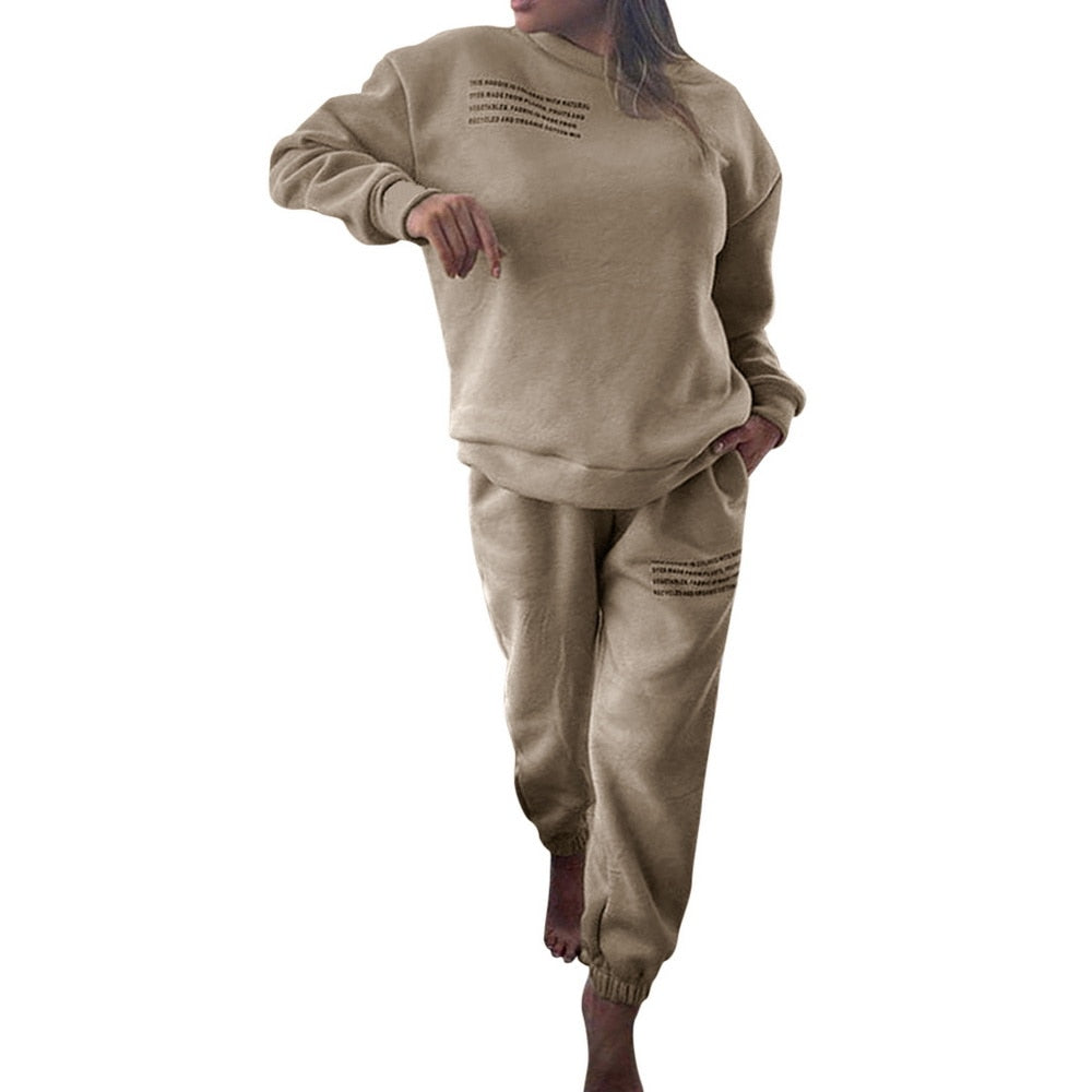 Beiges Damen-Sweatshirt und Jogginghose Set, gemütlich, Freizeitkleidung, Baumwolle.