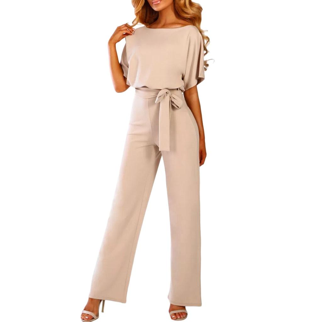 Damen Jumpsuit Beige, Kurzarm, Gürtel, Elegante Mode, Sommeroutfit, Bequeme Passform