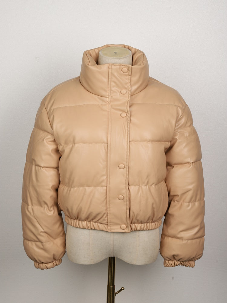 Beige Damen Steppjacke, Winterjacke, warm, modisch, mit Knöpfen, hoher Kragen, elegant.