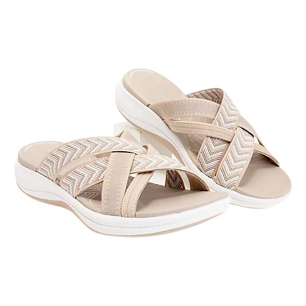 Beige Damen-Sandalen mit Keilabsatz, Kreuzriemen, bequem, Sommermode, Freizeitkleidung.
