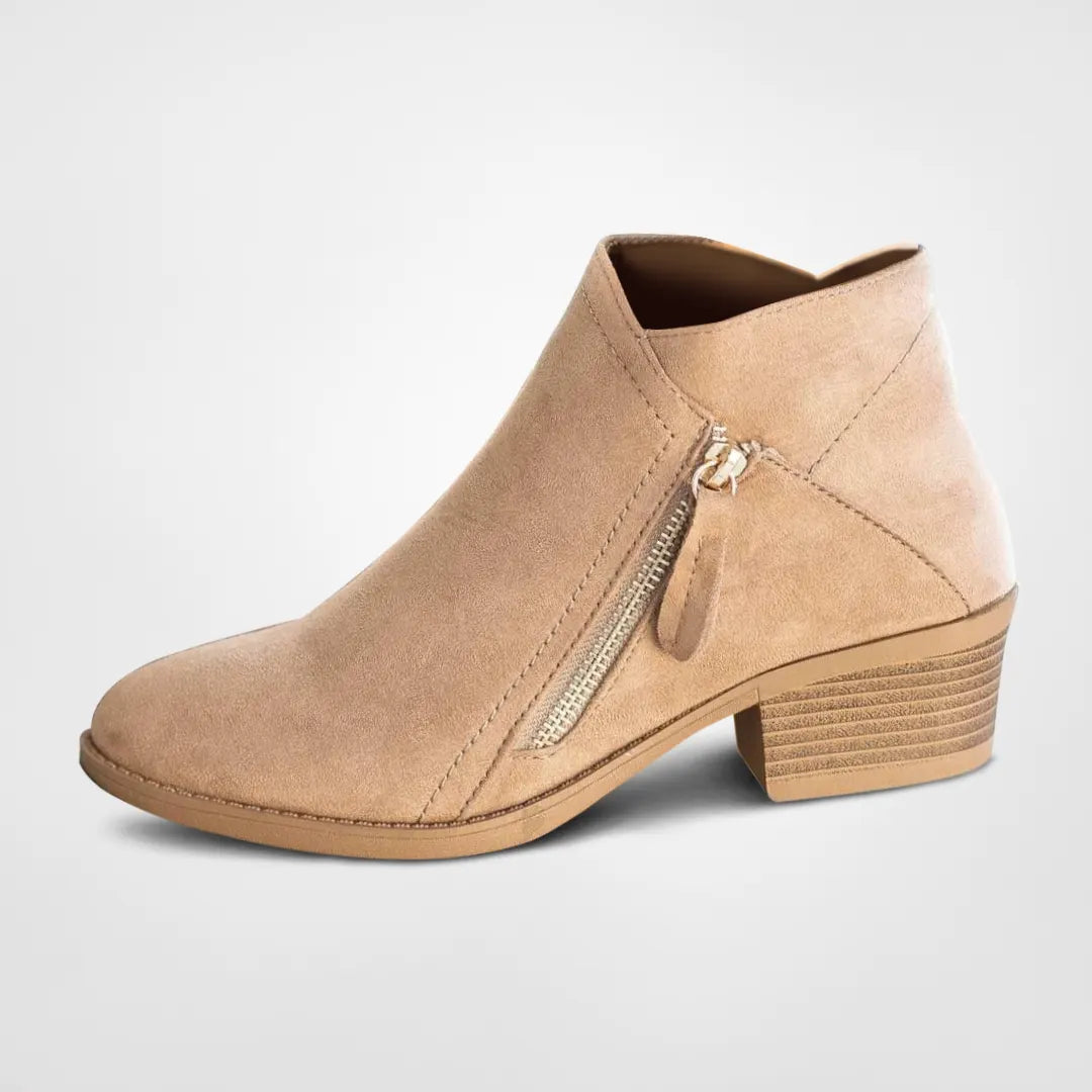 Beige Damen Stiefeletten mit Reißverschluss, Blockabsatz, Wildlederoptik, modisch und bequem.