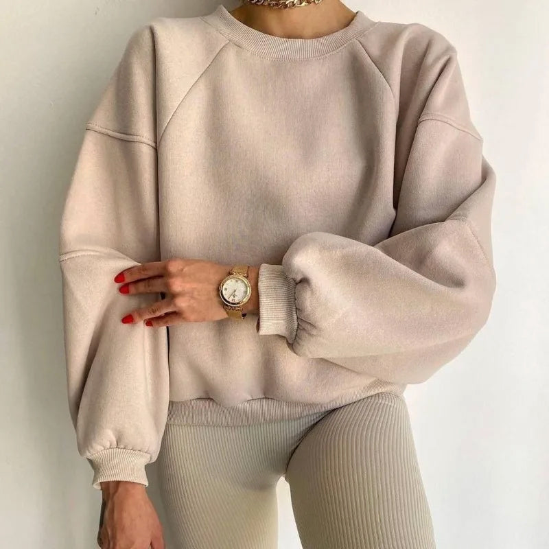 Damen-Sweatshirt beige, Oversize, Rippstrick, modisch, bequem, Freizeitkleidung, Herbstmode.