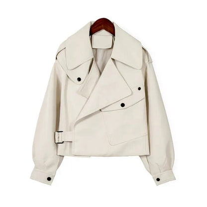 Beige Damen-Trenchcoat, kurz, Baumwolle, modisch, mit Gürtel und Knöpfen, Herbstmode.