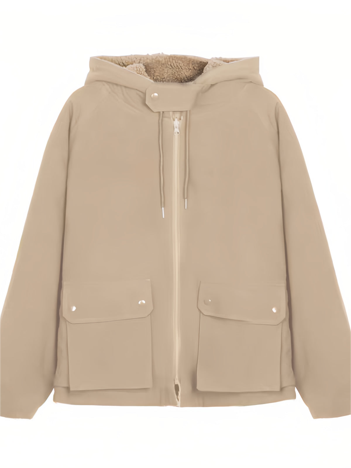 Beige Damenjacke mit Kapuze, Reißverschluss und Taschen, Wintermode, warm gefüttert.