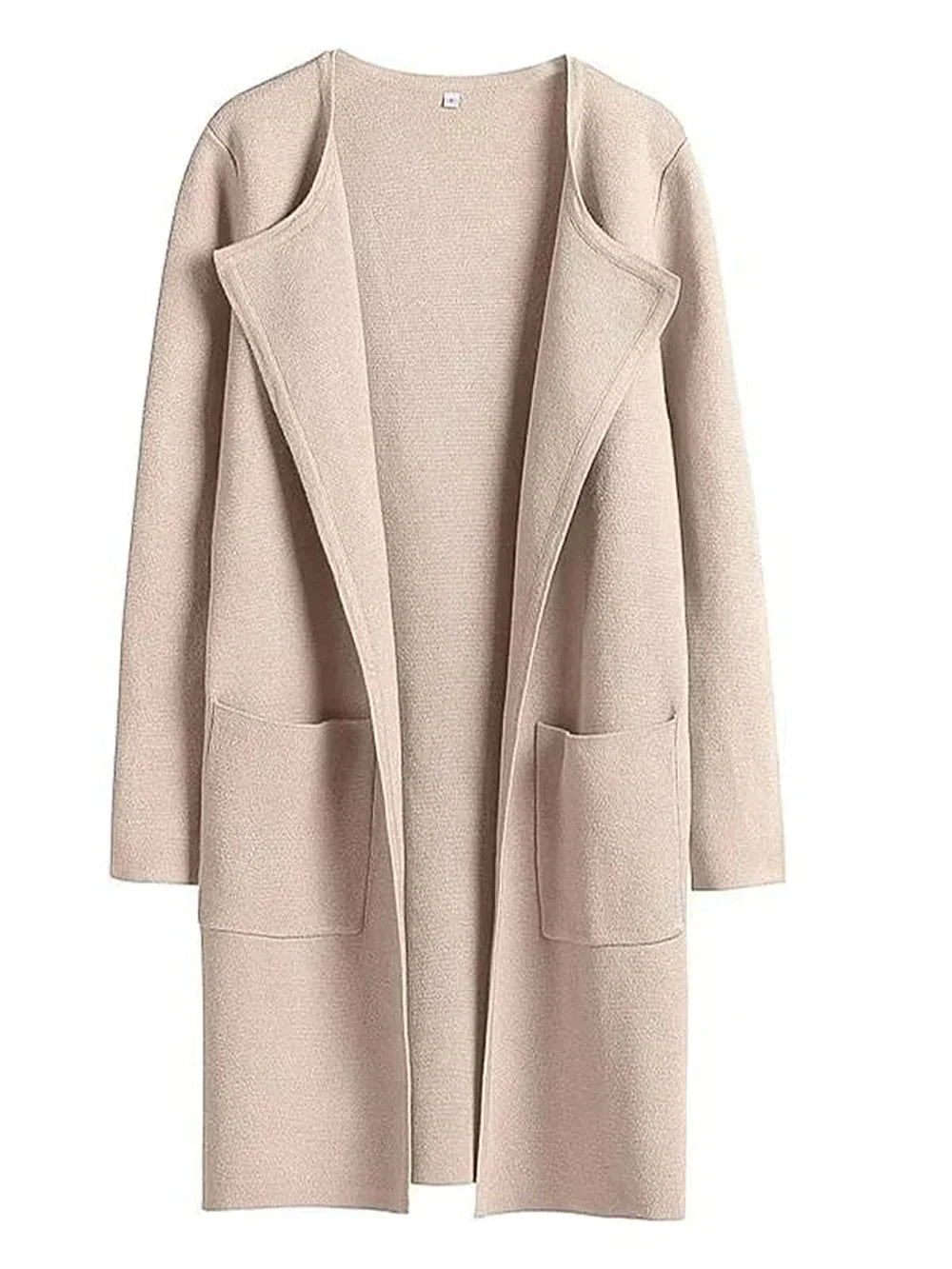 Beiger Damenmantel aus Wolle, offenes Design, lange Ärmel, zwei Taschen, eleganter Stil.