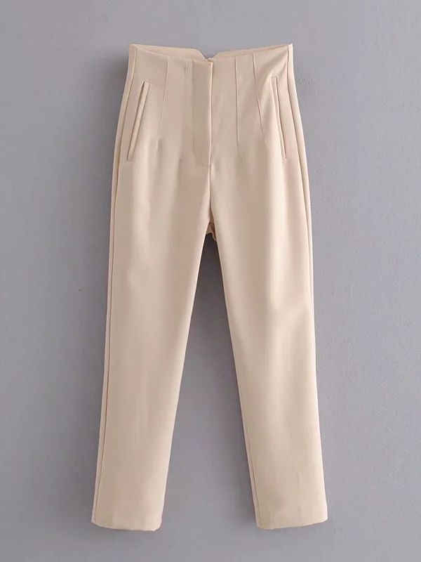 Beige Damenhose, hohe Taille, elegantes Design, Business-Mode, Bürokleidung, gerade Passform.